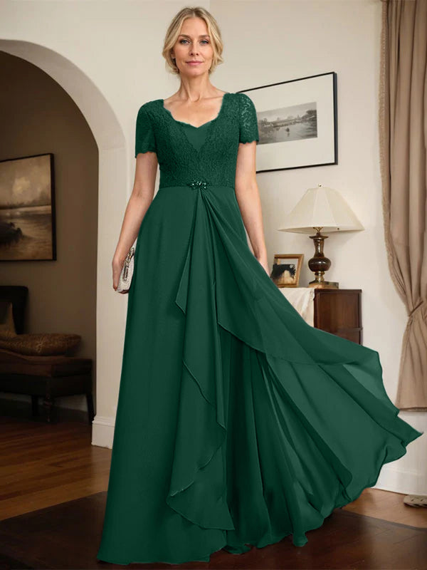 A-line Sweetheart Floor-Length Chiffon Lace Mother of the Bride Dress With Beading Cascading Ruffles