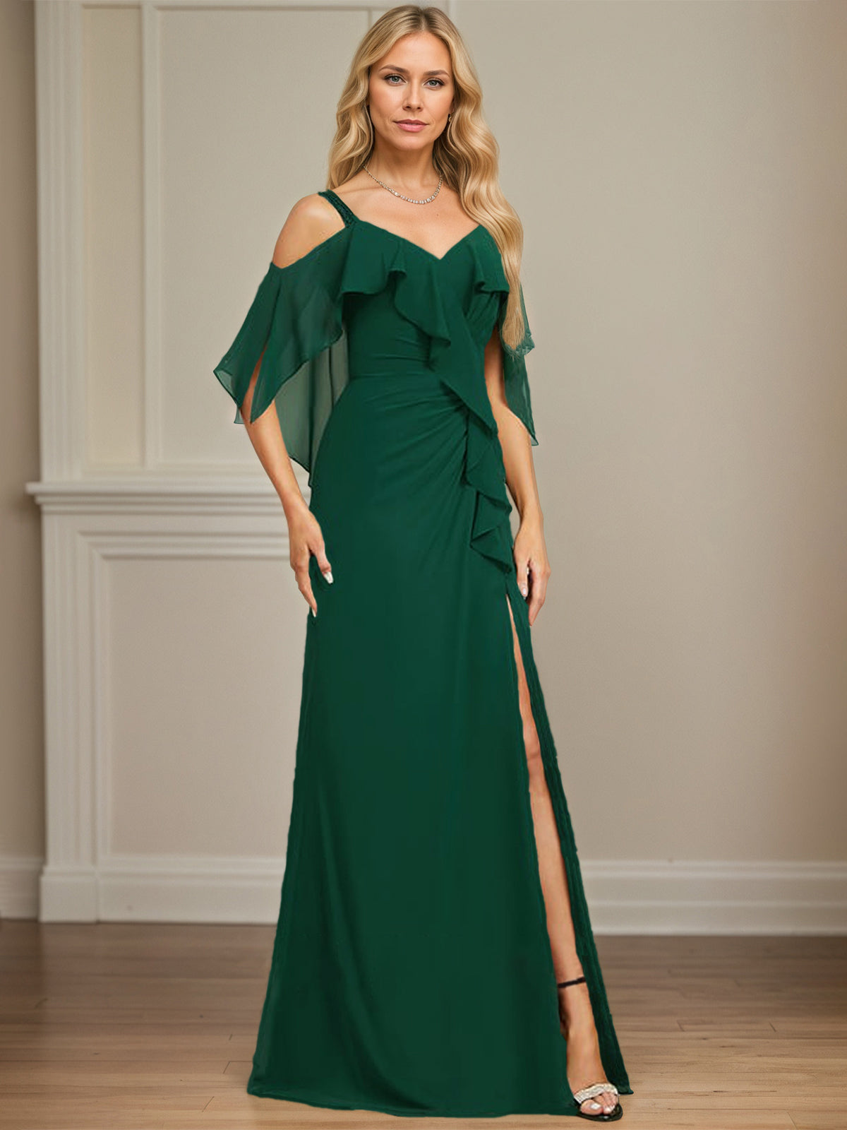 Sheath/Column Cold Shoulder V-Neck Floor-Length Chiffon Dress With Cascading Ruffles Sequins Beading