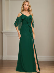 Sheath/Column Cold Shoulder V-Neck Floor-Length Chiffon Dress With Cascading Ruffles Sequins Beading