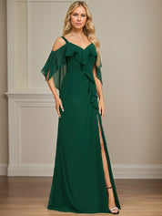 Sheath/Column Cold Shoulder V-Neck Floor-Length Chiffon Dress With Cascading Ruffles Sequins Beading