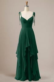 Elegant Dusty Blue A Line Spaghetti Straps Chiffon Long Bridesmaid Dress with Ruffles