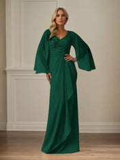 Sheath/Column Chiffon V Neck Long Sleeves Floor Length Mother of the Bride Dresses With Appliques