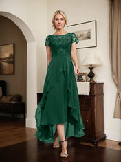A-line Scoop Illusion Asymmetrical Chiffon Lace Mother of the Bride Dress With Bow Ruffle Sequins