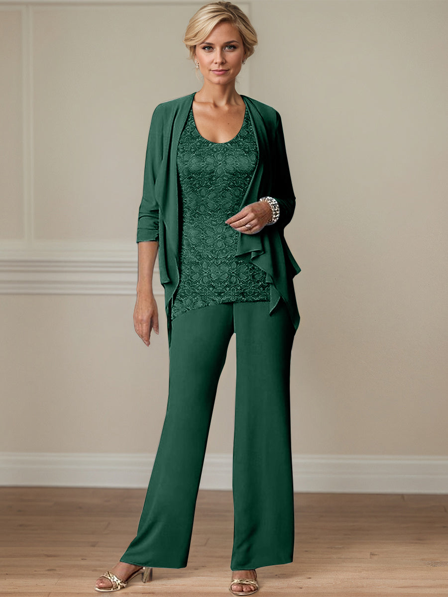 Elegant Scoop Neck Ankle Length Chiffon Mother of the Bride Pantsuits