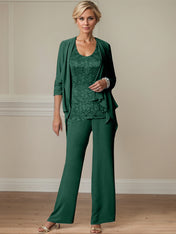 Elegant Scoop Neck Ankle Length Chiffon Mother of the Bride Pantsuits