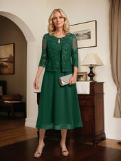 A-line Scoop Tea-Length Lace Chiffon Mother of the Bride Dress With Sequins