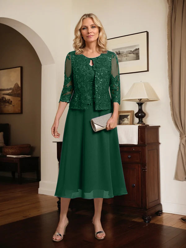 A-line Scoop Tea-Length Lace Chiffon Mother of the Bride Dress With Sequins