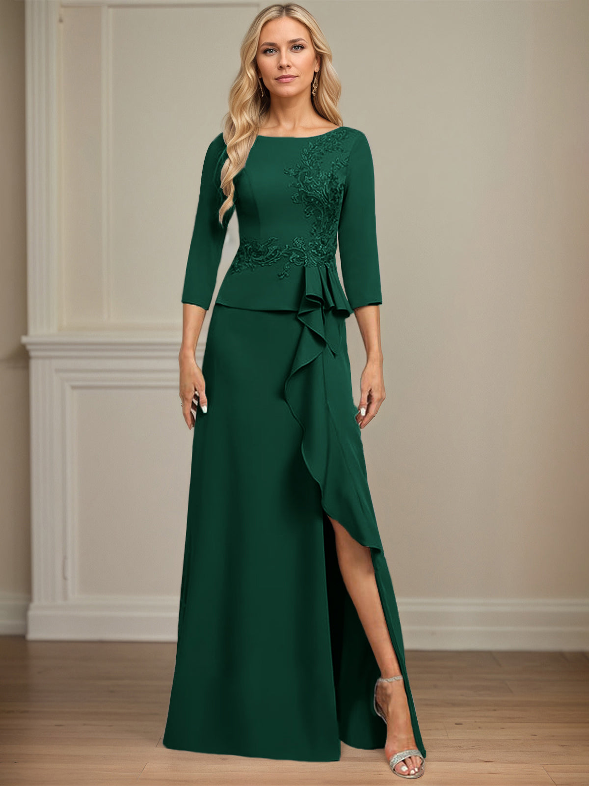 Column Scoop Floor-Length Stretch Crepe Dress With Cascading Ruffles Appliques