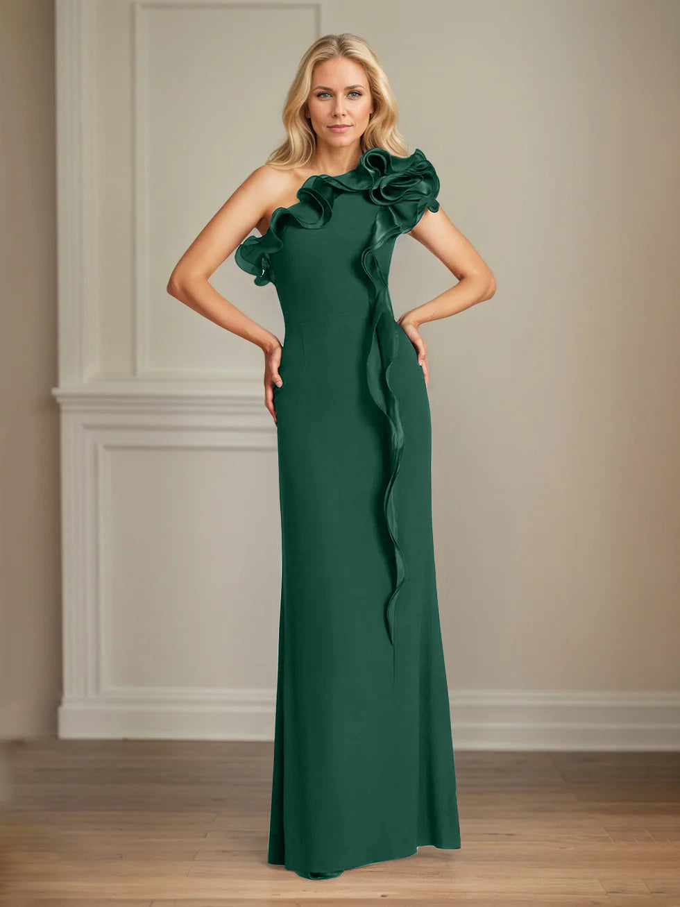 Column One Shoulder Floor Length Mother of the Bride Dresses With Ruffles