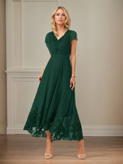A Line V Neck Flutter Sleeve Ankle Length Chiffon Dress With Appliques