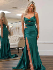 Dark Green Mermaid Spaghetti Straps Cutout Long Prom Dress with Slit