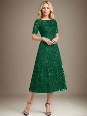 A-line Scoop Illusion Tea-Length Lace Mother of the Bride Dress With Sequins