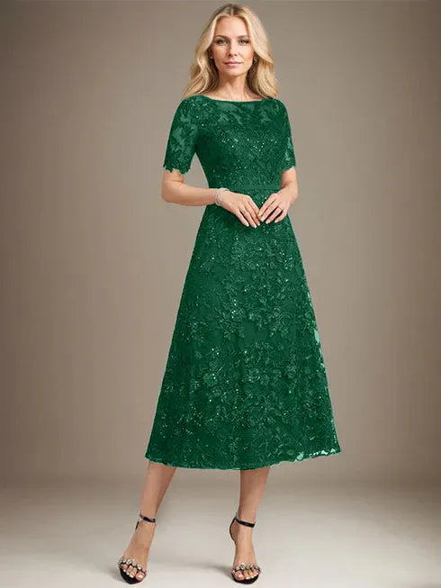 A-line Scoop Illusion Tea-Length Lace Mother of the Bride Dress With Sequins