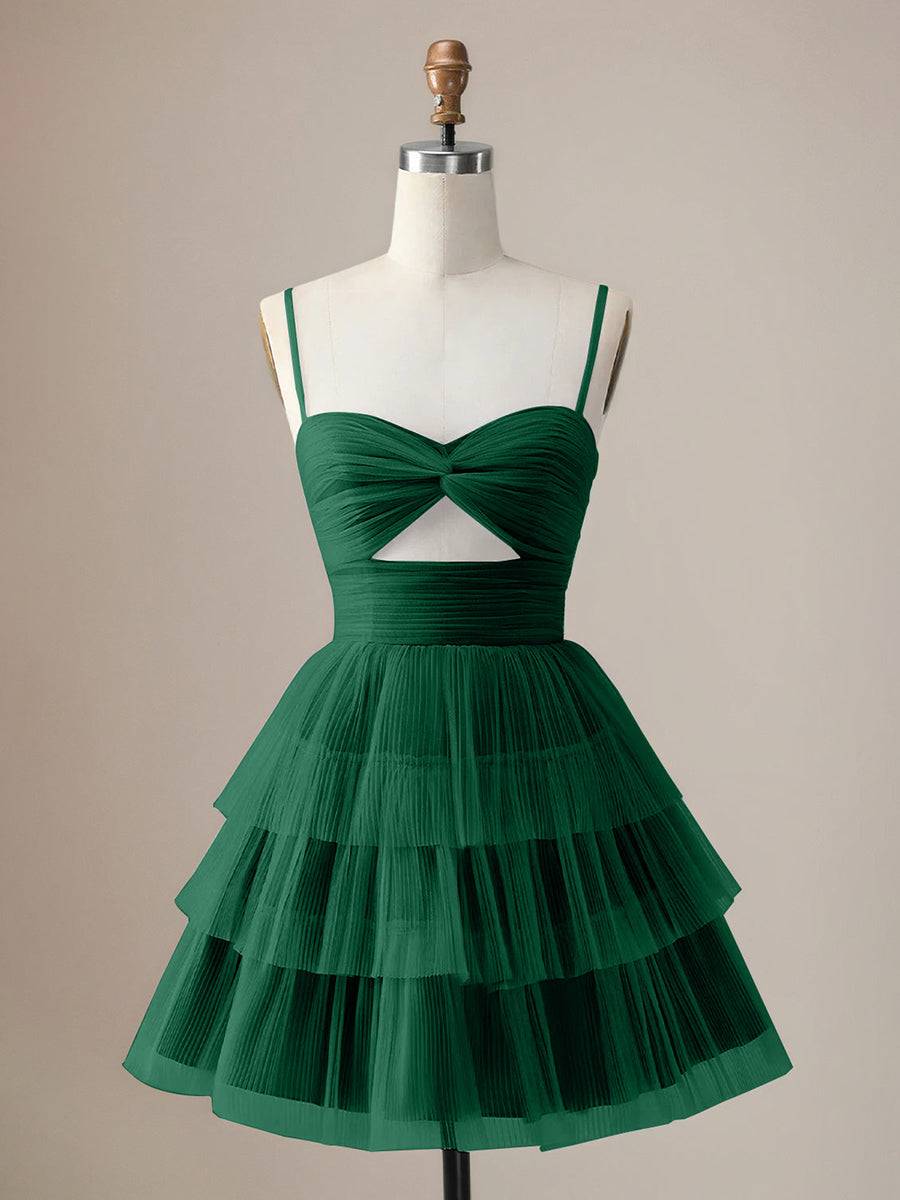 A Line Spaghetti Straps Short Tiered Homecoming Dress with Hollow Out