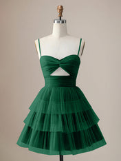 A Line Spaghetti Straps Short Tiered Homecoming Dress with Hollow Out