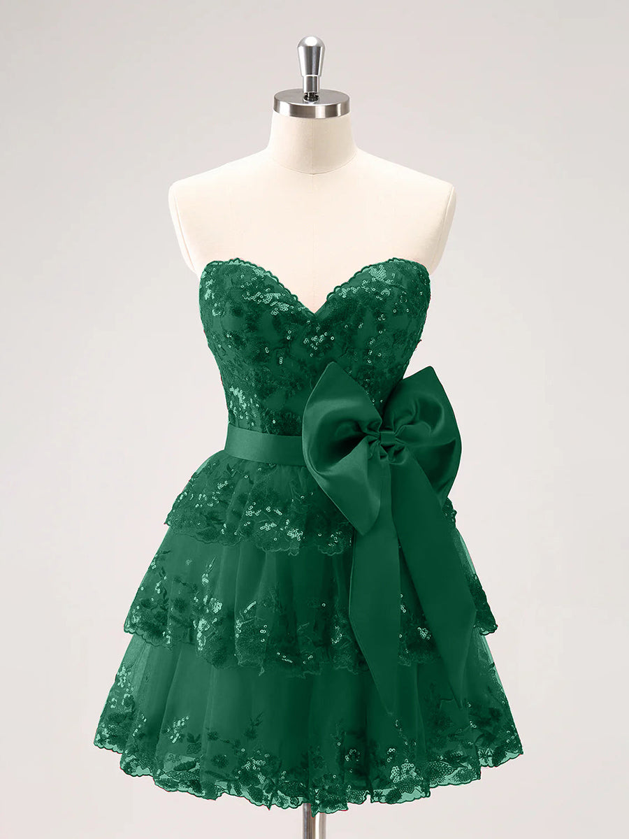 Sparkly Green A Line Sweetheart Corset Tiered Ruffle Homecoming Dress with Bows