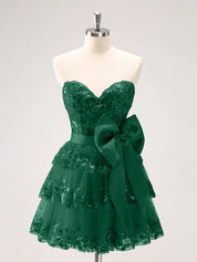 Sparkly Green A Line Sweetheart Corset Tiered Ruffle Homecoming Dress with Bows