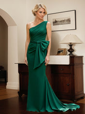 Dark Green Mermaid One-Shoulder Satin Mother Of The Bride Dress With Bows