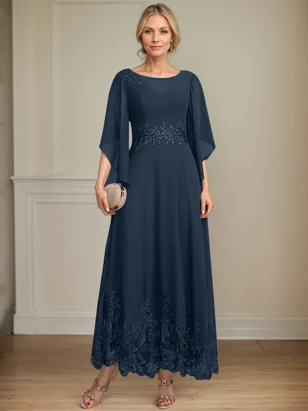 Robe de mère de la mariée trapèze en mousseline de soie et dentelle, longueur cheville, décolleté en V, illusion, avec paillettes 
