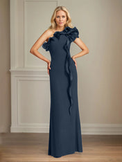Navy Stretch Crepe Sheath/Column One Shoulder Floor Length Mother of the Bride Dresses With Ruffles