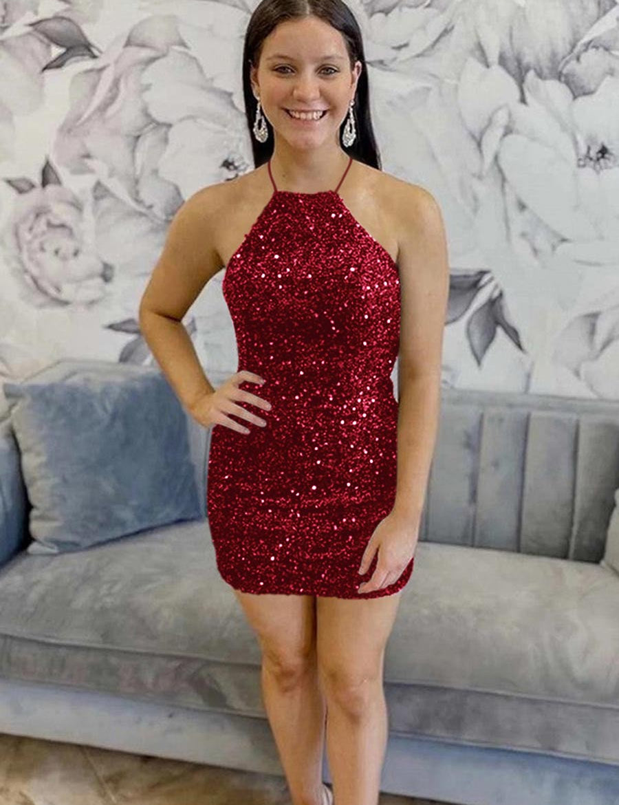 Black Sequin Halter Backless Short Homecoming Dress