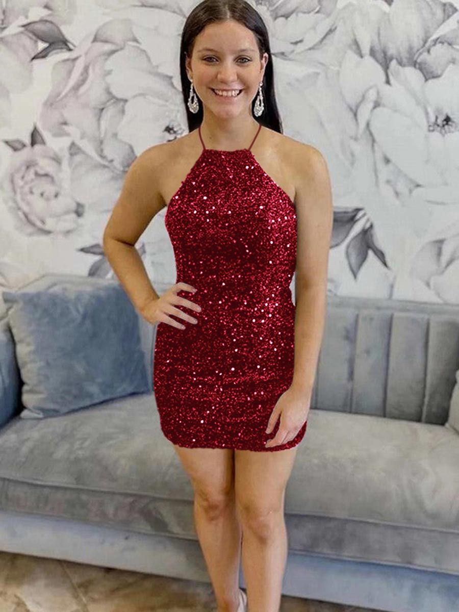 Black Sequin Halter Backless Short Homecoming Dress