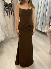 Dark Brown Strapless Cowl Neck Prom Dress with Ruched Waist
