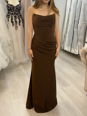 Dark Brown Strapless Cowl Neck Prom Dress with Ruched Waist