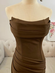Dark Brown Strapless Cowl Neck Prom Dress with Ruched Waist