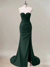Dark Green Mermaid Strapless Ruched Corset Long Prom Dress With Slit