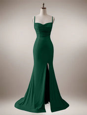 Sparkly Dark Green Mermaid Spaghetti Straps Long Prom Dress with Slit