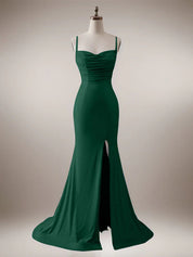 Sparkly Dark Green Mermaid Spaghetti Straps Long Prom Dress with Slit
