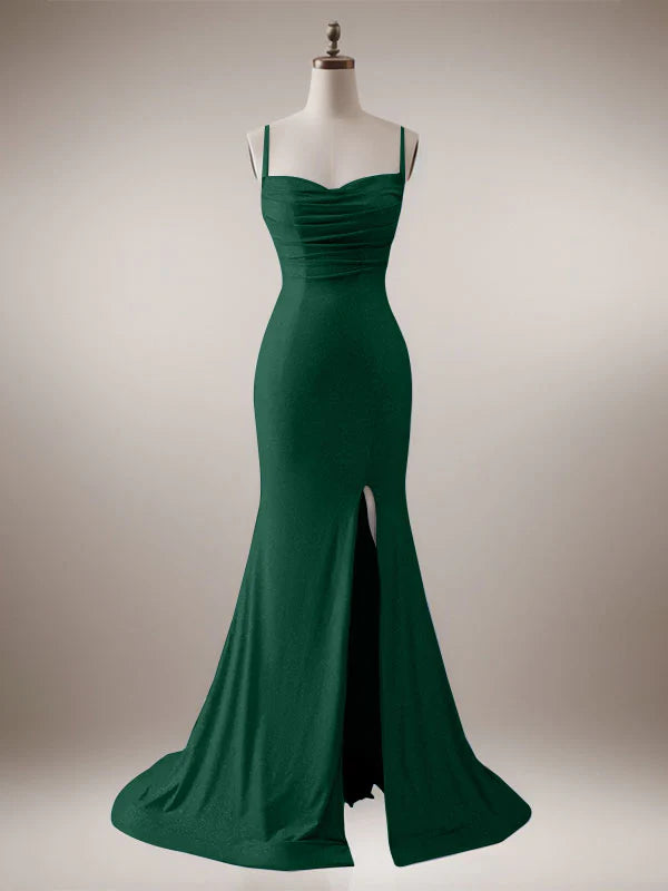 Sparkly Dark Green Mermaid Spaghetti Straps Long Prom Dress with Slit