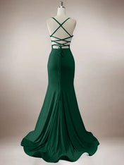 Sparkly Dark Green Mermaid Spaghetti Straps Long Prom Dress with Slit