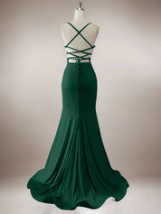 Sparkly Dark Green Mermaid Spaghetti Straps Long Prom Dress with Slit