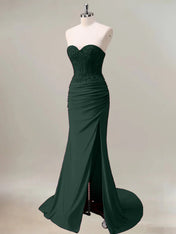 Dark Green Mermaid Strapless Ruched Corset Long Prom Dress With Slit