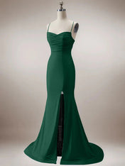 Sparkly Dark Green Mermaid Spaghetti Straps Long Prom Dress with Slit