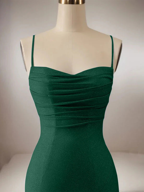 Sparkly Dark Green Mermaid Spaghetti Straps Long Prom Dress with Slit