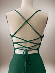 Sparkly Dark Green Mermaid Spaghetti Straps Long Prom Dress with Slit