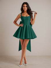 A-Line Square Neck Pleated Mini Homecoming Dress with Bow