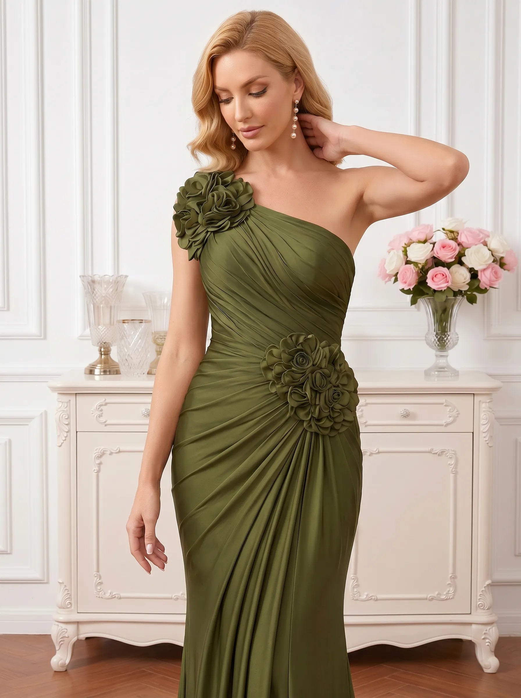 Dark Green One-Shoulder Evening Gown with Dramatic Cape Sleeve Mother of the Bride Dresses