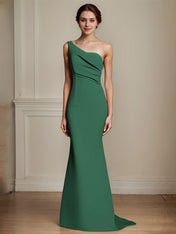 Elegant Khaki One Shouder Mermaid Ruched Long Satin Formal Dress