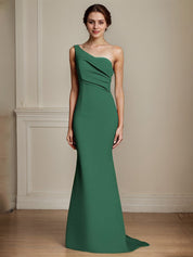 Elegant Khaki One Shouder Mermaid Ruched Long Satin Formal Dress