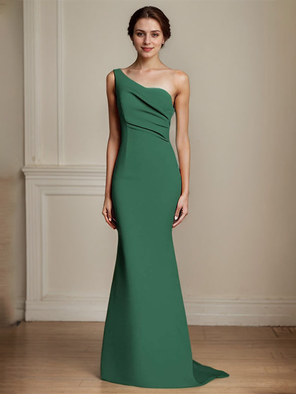 Elegant Khaki One Shouder Mermaid Ruched Long Satin Formal Dress