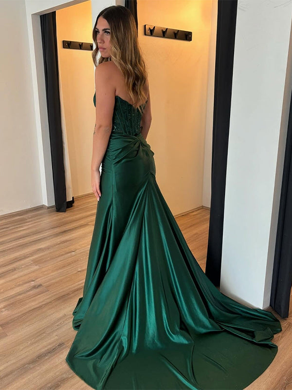Dark Green Mermaid Strapless Appliques Long Prom Dress with Slit