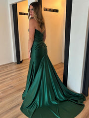 Dark Green Mermaid Strapless Appliques Long Prom Dress with Slit
