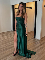 Dark Green Mermaid Strapless Appliques Long Prom Dress with Slit