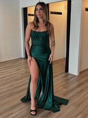 Dark Green Mermaid Strapless Appliques Long Prom Dress with Slit