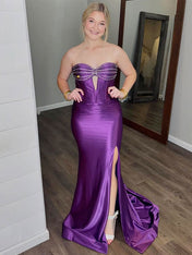 Dark Purple Mermaid Strapless Sweetheart Hollow Long Prom Dress with Slit