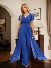 Jumpsuit/Pantsuit V-Neck Floor-Length Chiffon Evening Dress